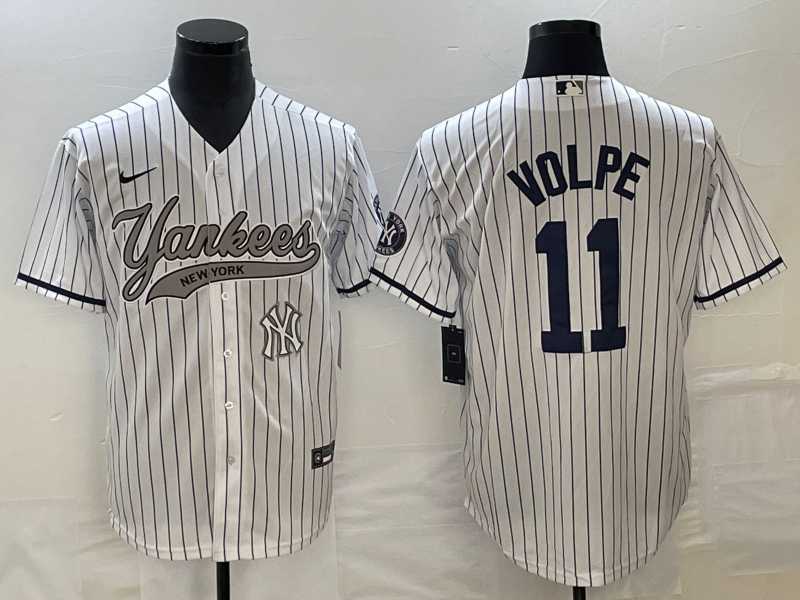 Men%27s New York Yankees #11 Anthony Volpe White With Patch Cool Base Stitched Baseball Jersey